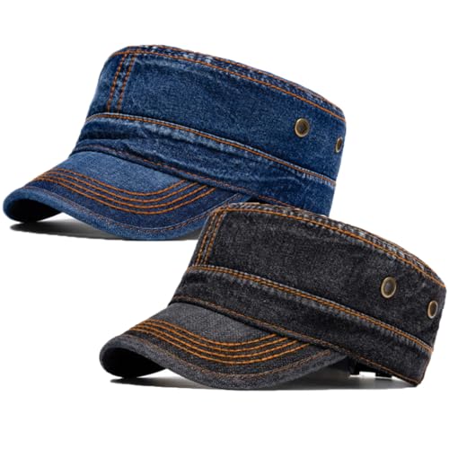 Image of 2 Pack Men's Cotton Military Caps Cadet Army Caps Vintage Flat Top Cap