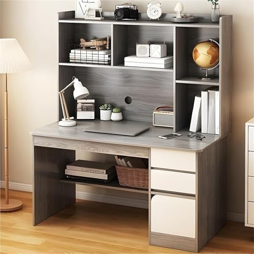 長方形のクレデンザデスク ホームストレージテーブル 木製コンピューター 引き出しと棚(グレー,100x45x132cm)