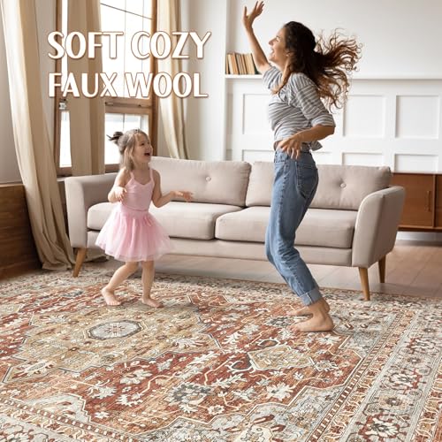 9x12 Area Rug Living Room: Machine Washable Boho Large Vintage Soft Rugs Stain Resistant Farmhouse Oriental Non Slip Indoor Floor Carpet for Bedroom Nursery Kids Playroom Office Dining Room- Red Brown