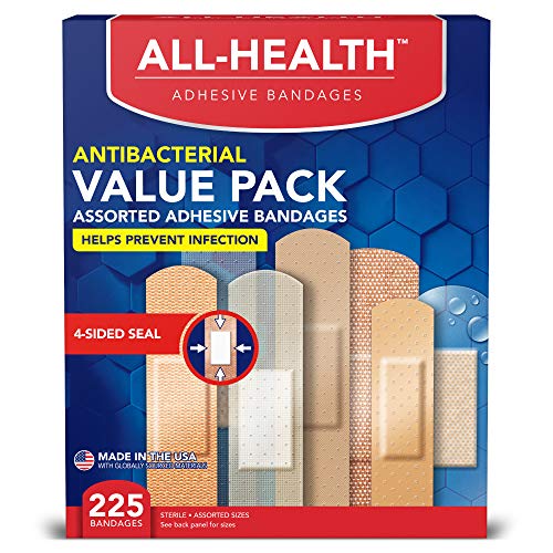 All Health Antibacterial Bandage Family Value Pack, Variety 225 ct | Various Sizes for First Aid and Wound Care