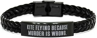 Kite Flying Because Murder is. Braided Leather Bracelet, Kite Flying Present From Friends, Funny Engraved Bracelet For Men Women, Kites, Unique kites, Kite gifts, Flying gifts, Unique flying gifts, Small, Silver Plated Zinc, Cubic Zirconia