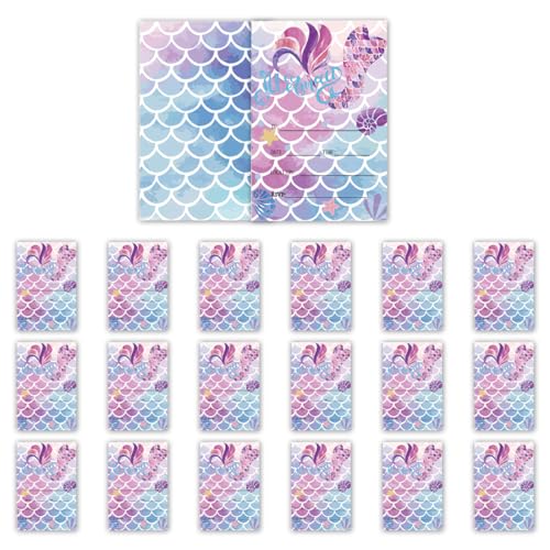 JYNVO 20 cartes d'invitation d'anniversaire pour enfants, cartes d'invitation de fête de sirène, invitations de princesse adaptées aux anniversaires d'enfants, dessins animés, fêtes
