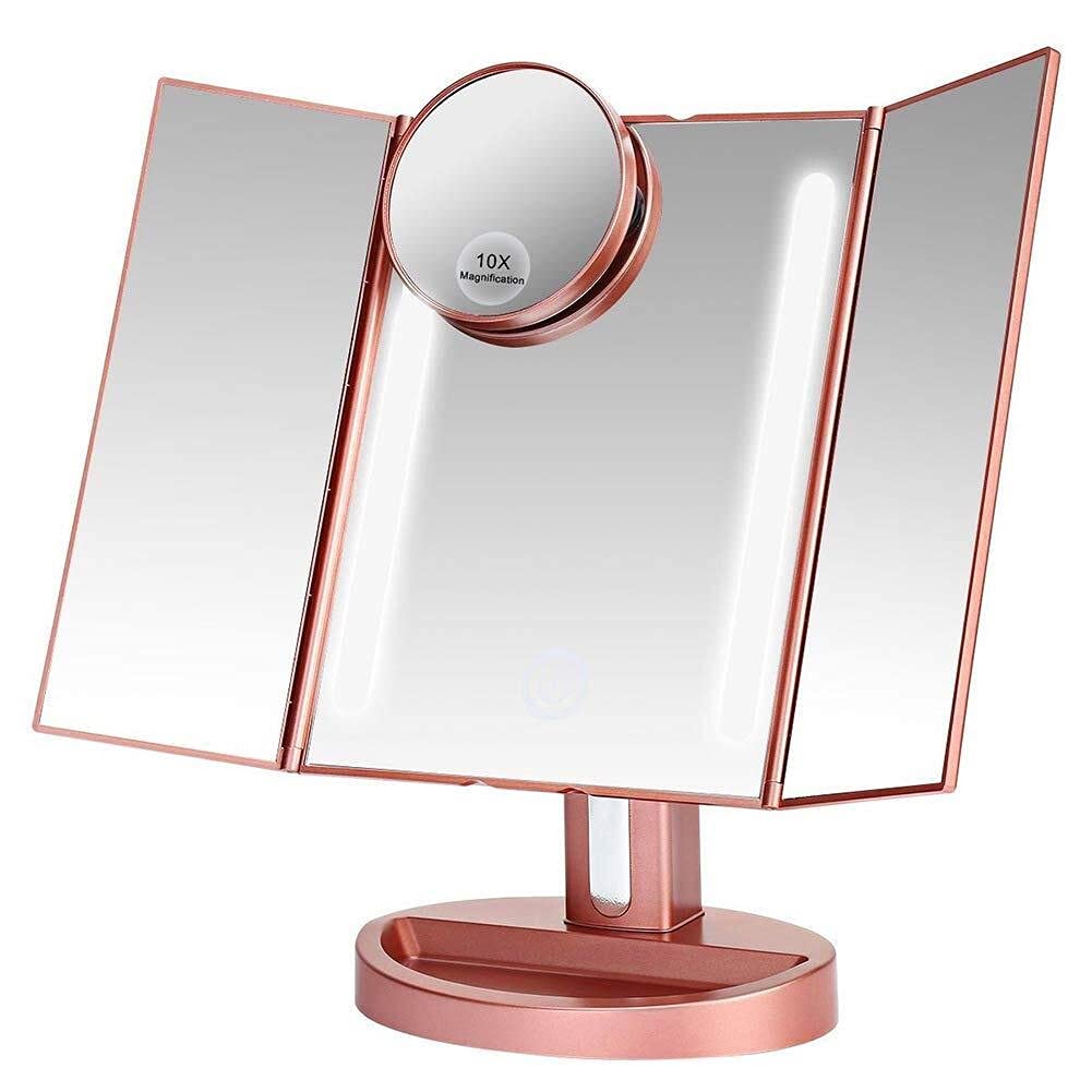 ZD-DZ Tri-Fold Vanity Mirror, Detachable 10X Magnification 24 LED Strip Light for Brighter Soft Light Touch Screen Dimming Portable USB Rechargeable Design