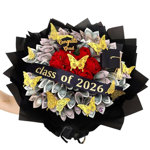 Rivvlive 176 Pcs Graduation Money Flower Bouquet Kit Gifts Class of 2026 Money Bouquet Making Kit Gift Ideas with Black Flower Wrapping Paper Butterflies Graduation Cap for College Middle High School