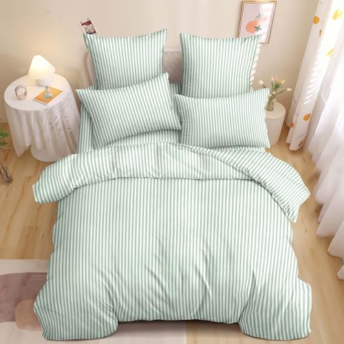 Image of Nayoroom Green Striped Duvet Cover Queen White Stripe Bedding