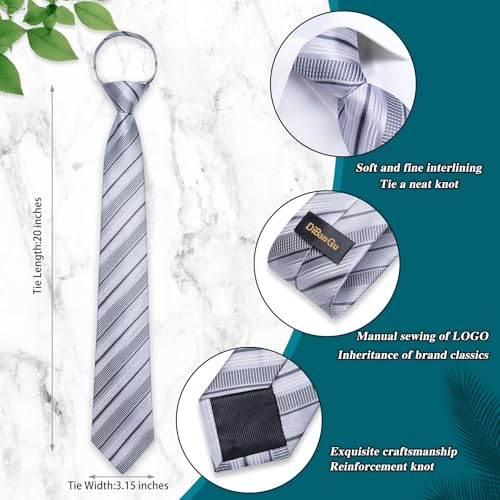 Image of DiBanGu Mens Zipper Tie Silk Pre-Tied Necktie with Gift Box | Jacquard Woven,Paisley Solid Plaid Pattern,6PCS with Pocket Square,Cufflinks and Lapel Pin,for Wedding Party Formal Business