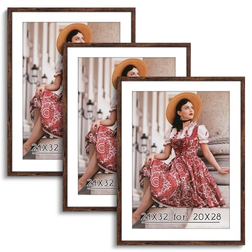 Image of HLiWEGNS Dark Brown 24x32 Frame Set of 3 - Rustic Woodgrain 24 x 32 Poster Frame for Pictures 20x28 with Mat or 24x32 Picture Frame Without Mat for Wall Gallery Display - Ideal Christmas Day