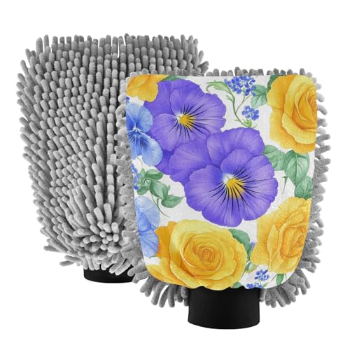 Manopla de microfibra para lavado de coche, diseño de flores, color amarillo y morado, no raya, guantes de limpieza y secado de autos