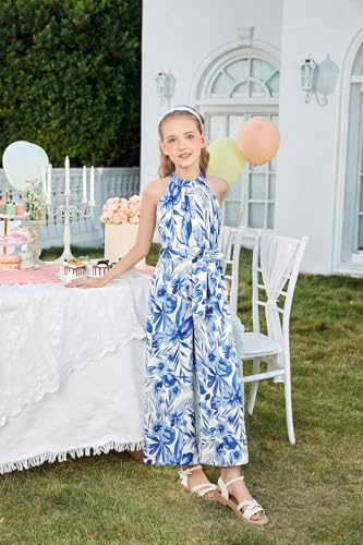 GRACE KARIN Girls Floral Jumpsuit Kids Halter Summer Belted Romper Wide Led Long Pants Deep Blue 14Y — view 4