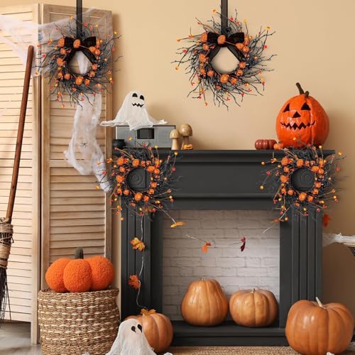 Image of 4 PCS Fall Halloween Christmas Wreath Candle Rings Wreaths Mini Wreath Holder Table Centerpiece Cabinets Wreaths for Thanksgiving Farmhouse Autumn Party Home Window Chair Wall Indoor Decorations
