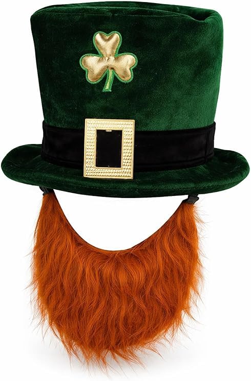 6Pack Adult St Patrick’s Day Irish Shamrock Hat with Beard – Velvet Leprechaun Costume Hat with Attached Ginger Beard – Funny Fancy Dress Accessory for St Patrick Party, Parade & Pub Celebration (6)