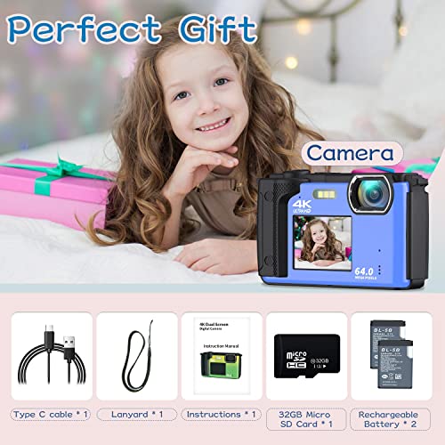 Digital Camera For Photography Nikicam 4K 64Mp Vlogging Camera For Youtube With 32Gb Sd Card, Selfie Dual Screens Point And Shoot Camera With Wifi, 16X Zoom Compact Camera For Beginners-Blue2 #TOP1