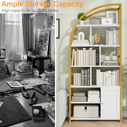 Image of Jehiatek 71 inch Arc Gold Bookshelf with Storage Cabinet, Tall 6 Tiers Industrial Bookcase with Sturdy Metal Frame, Geometric Book Shelf for Lving Room, Home Office, Gold and White