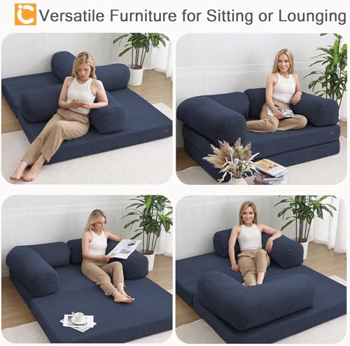 COMAX Folding Sofa Bed Queen, 4-in-1 Foldable Floor Couch Convertible Futon Sofa with Armrests, Sleeper Mattress Fold Out Chair Bed Comfy Portable Lounge Guest for Living Room Bedroom, Navy Blue