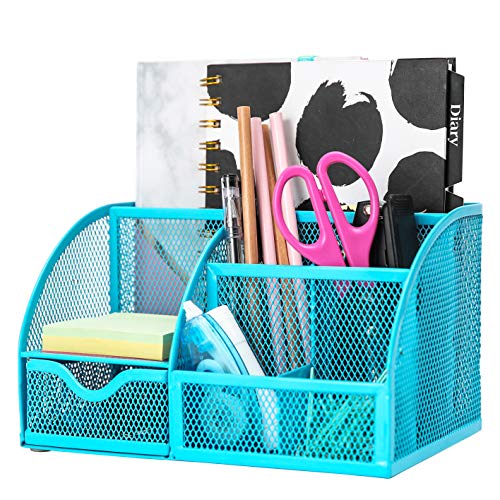 Exerz Desk Organizer Blue Office Desk Accessories Supplies Office Storage Desktop Pencil Pen Holder with Drawer Home Workspace