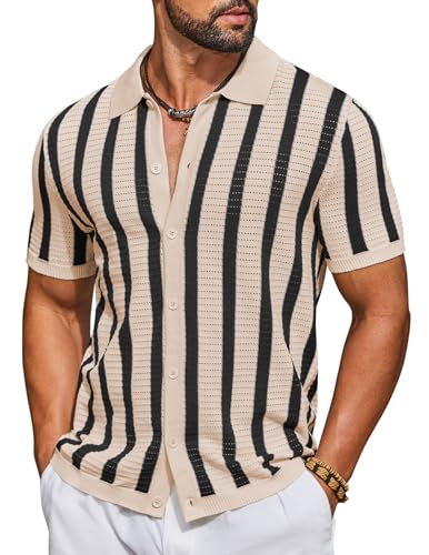 Image of COOFANDY Men's Knit Shirts Short Sleeve Button Down Polo Shirt Striped Casual Summer Beach Shirts