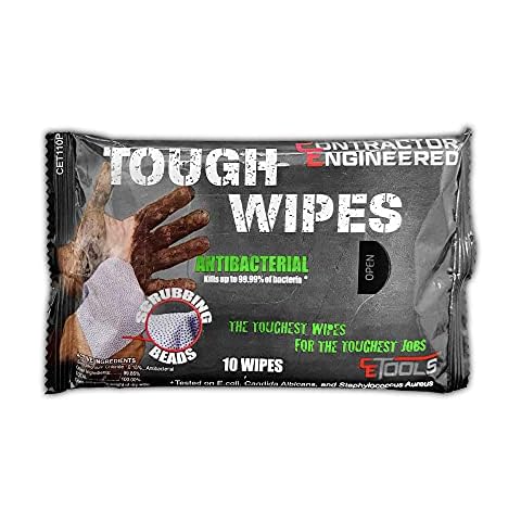 TOUGH WIPES with Scrubbing Beads, Thick Heavy-Duty Hand Wipes, Waterless Hand Cleaner (1 pouch, 10 count) - CE Tools Cover