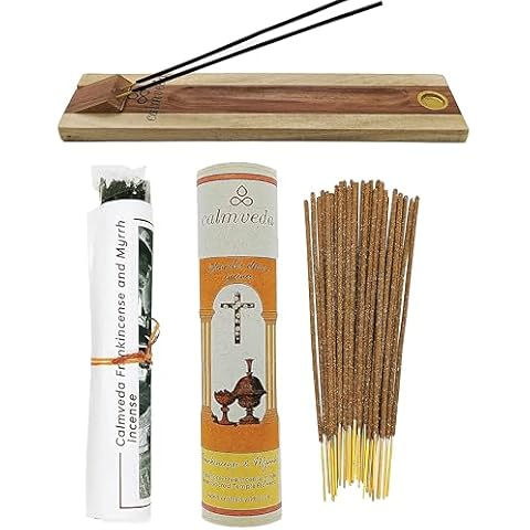 CALMVEDA, Frankincense and Myrrh Incense with Rosewood Incense Holder (80 Sticks + 1 Holder) | Beautiful Natural Incense and Holder Combo for Home Decor and Spiritual Practice Cover