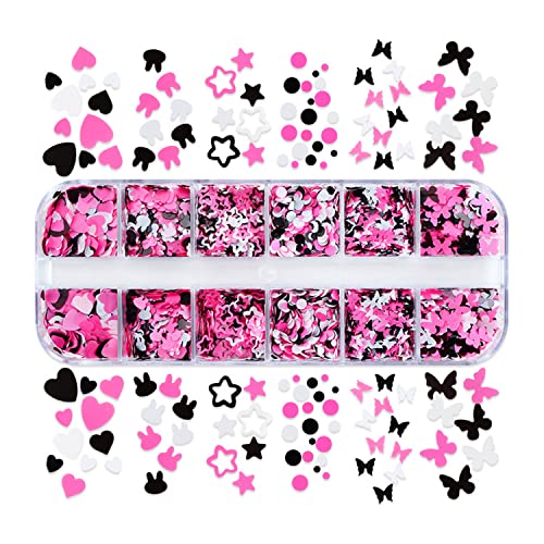 Nail Art Glitter Flakes 12 Grids Nail Sequins Love Heart Butterfly Stars Round Rabbit Nail Supplies Mixed 3 Colors Glitter Nail Charms Designs Diy Nail Decorations Nail Art Accessories For Women Girls #TOP18
