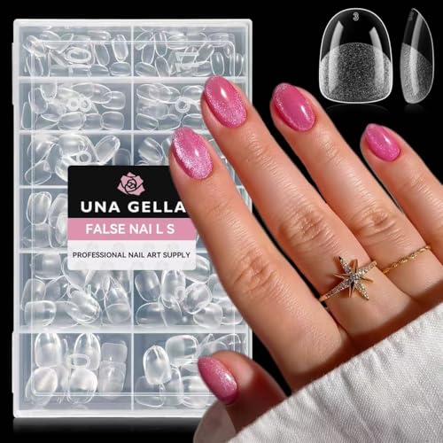 Image of UNA GELLA Extra Short Oval Nail Tips, Pre-Etched Round Clear Fake Nails 216pcs Soft Gel Acrylic Nail Tips Full Cover False Ultra Short Gel Nail Tip for Beginners Nail Salon Extensions 12 Sizes