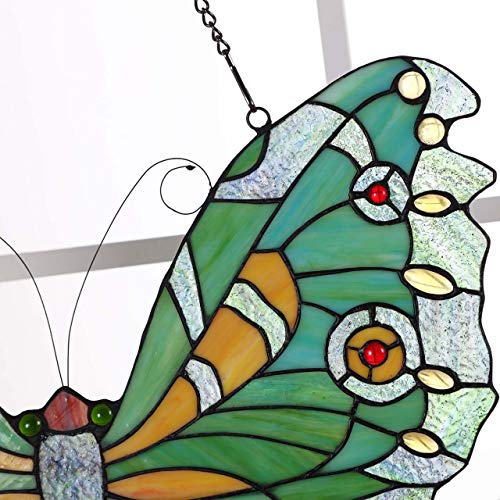 Bieye W10026 Swallowtail Mariposa Butterfly Tiffany Style Stained Glass Window Panel Hangings With Chain, 18" W X 17" H (Green) #TOP2