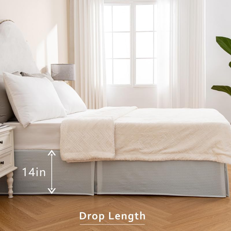 Image of MIYE Pleated Waffle Weave Bed Skirt, Tailored Dust Ruffle 14 Inch Drop Easy Fit, Machine Washable (Light Grey, King - 14 inch Drop)