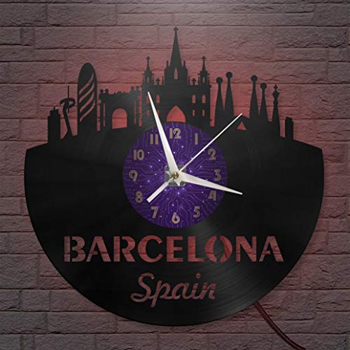 DGYOUHE-ZS YH Reloj de Pared con Disco de Vinilo de Barcelona de 30 CM, Reloj LED silencioso y sin tictac, Adecuado para Cocina, Sala de Estar y Dormitorio-P