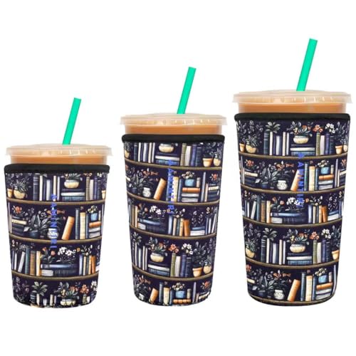 Image of 3 Pack Reusable Sleeve for Iced Coffee Cup, Coffee Neoprene Sleeve for Iced&Hot Drinks, Coffee Sleeve Compatible with Starbucks, Dunkin Coffee Cup. (Bookish Lover)