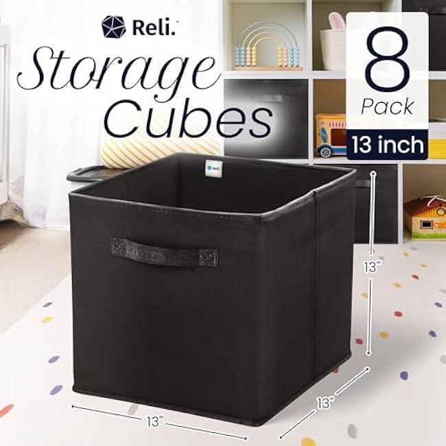 Reli. 13x13x13 Storage Cube Bins (8 Pack) | Large Cube Organizer Bins | 13x13 Fabric Storage Boxes | Fits Kallax | Collapsible, Foldable Fabric Cubby Box (Square) | Kids Room Organization (Black)