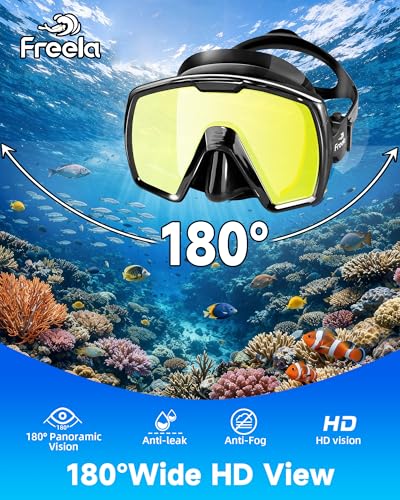 Freela Adult Dry Snorkel Set Scuba Diving Mask with Nose Cover Mirrored Gold Lens, Tempered Glass 180° View, Anti-Fog Leak-Proof Snorkeling Gear for Men, Women, Youth, Snorkel Mask for Swimming Diving — view 2