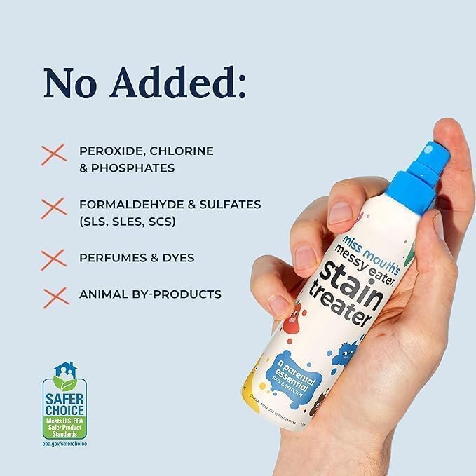 Image of Miss Mouth's Messy Eater Stain Treater Spray for Baby Clothes & Fabric | Instant Stain Remover for Food, Milk, Fruit, Juice, Sauce | Safe on Bibs, Kids Clothing & Washable Fabrics | 120ml (PACK OF 1)
