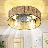 Ganeed 20' Boho Ceiling Fan with Light, Handwoven Rattan Caged Ceiling Fan with Light and Remote, Low Profile 6 Speeds Enclosed Flush Mount Fandelier for Bedroom Kids Room Nursery Living Room
