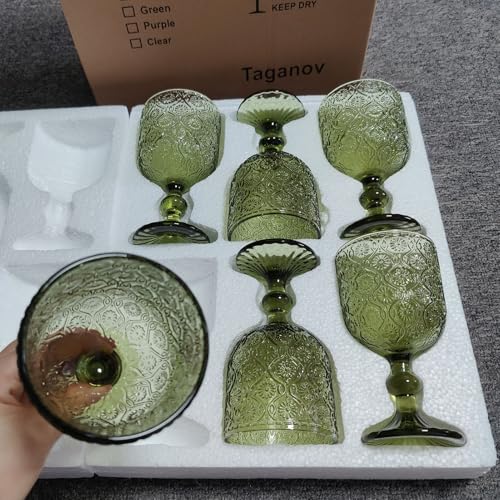 Taganov Green Glasses Drinking Wine Water Goblets Glassware set of 6 Vintage Stemware 12 Ounces for Wedding Party Bar Floral Pattern 350 ml - Thumbnail 7