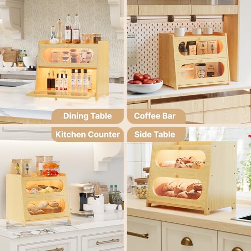 Coolfat Double Layer Bamboo Bread Box for Kitchen Countertop, Large Capacity with Window Breadbox, Farmhouse Bread Storage Container, Fits Corner, Cabinet, Pantry - Image 8