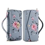 nincyee Étui portefeuille multifonction pour iPhone 12 Pro/iPhone 12, grande capacité, motif floral, pochette en cuir à fermeture éclair, bleu