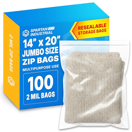 Spartan Industrial - 14” X 20” (100 Count) 2 Mil Clear Reclosable Zip Plastic Poly Bags with Resealable Lock Seal Zipper