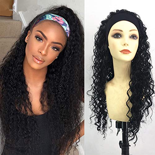 BKTD Headband Wigs For Black Women, Curly Headband Wig Glueless Non Lace Front Wigs. Kinky Synthetic Brazilian Hair Wigs With Headbands Attached. Wavy Headbands For Wigs Natural Black Color, 24 Inch.