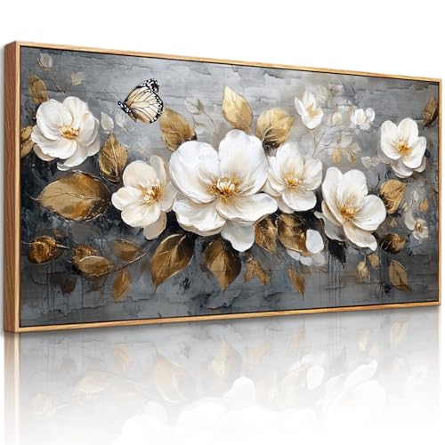 Tableau decoration murale grand format avec fleurs blanches papillons et cadre bois