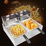 Fritöse, Edelstahl Doppel Fritteuse 5.5 Liter für Familientreffen, Snackbars, Profi Gastronomie Doppel Fritteuse mit Frittierkorb und Deckel