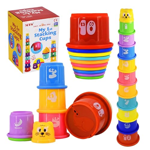 MTS 11 Piece Baby Stacking Cups 46cm - Educational Nesting Tower Toddler Toy Alphabet & Number Learning Blocks for Motor Skills Bath Time Play