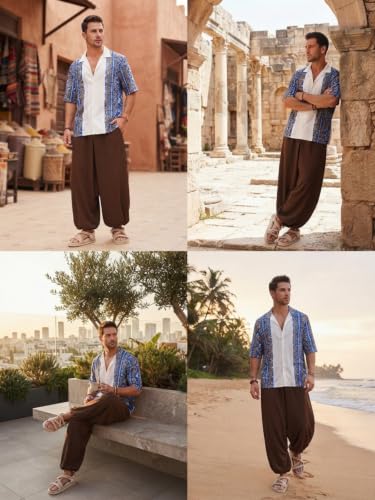 Image of Leriya Fashion Men's Boho Hippie Harem Pants | Black Printed Wide-Leg Trousers | Koren Streetwear Loose Baggy Fit Summer Lounge Yoga Lowers | Men's Solid Cowl Dhoti Pants | Relaxed Fit Draped Harem