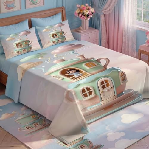 Image of 7D Fairy Tale Tea House Collection Double Bedsheet 90x100 inch with 2 Pillow Covers | Good Stitching, Soft Fabric & Vibrant 7D Digital Print for Kids & Couples (White)