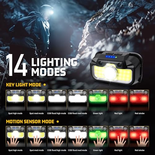 Headlamp Rechargeable 2 Pack, 1300 Lumen Ultra-Bright Head Lamp with Red Light, Waterproof Motion Sensor Head Lights for Forehead with White Green, 14 Modes Adjustable Headlight for Camping - Image 4