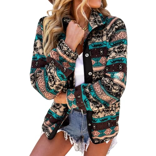 Womens Fuzzy Fleece Jacket Casual Western Aztec Print Jacket Winter Warm Long Sleeve Snap Button Down Shacket Coat2