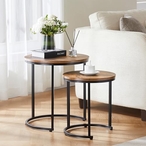 Vida Designs Brooklyn Nest of 2 Round Tables Living Room Stacking side End Tables Metal Frame (Dark Wood)