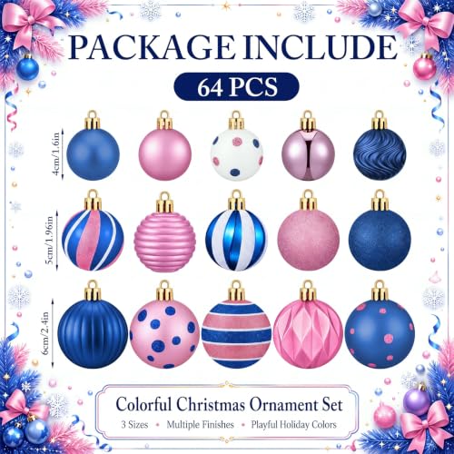 Image of Lunmon 64 Pcs Blue Pink Christmas Ball Ornaments Set Cartoon Xmas Baubles