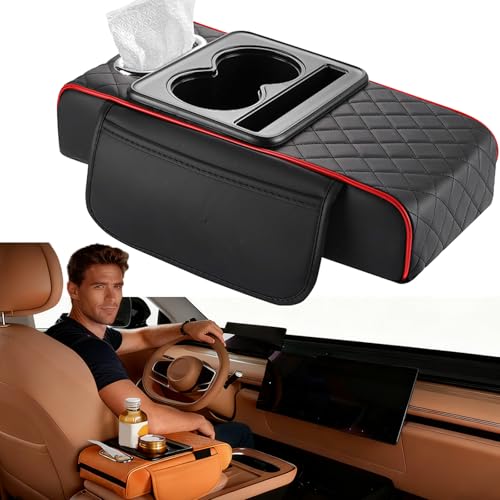 Image of Multifunctional PU Leather Car Armrest Box Mat, 5-in-1 Car Armrest Box with Cup Holder, 2 Storage Bags, Tissue Box Slot, Phone Slot, Universal Waterproof Interior Organizer for Most Cars (Mix)