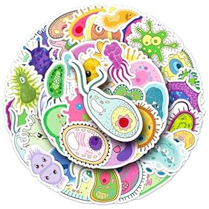 50 calcomanías de memes de gérmenes, lindos dibujos animados, impermeables, de vinilo para botella de agua, portátil, células coloridas, paquete de calcomanías para suministros de fiesta