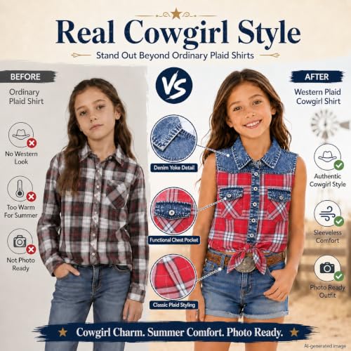 Image of Bienzoe Western Plaid Girls Shirt: Sleeveless Button Down