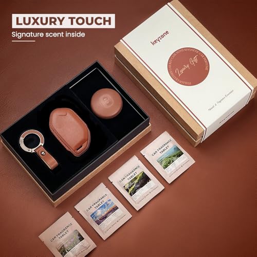 Image of Keyzone Premium Leather Key Cover & AC Vent Car Perfume Combo (4 Fragrances) | Compatible for Kia Seltos 2026, Syros, EV6, EV9 4 Button Smart Key (Brown)